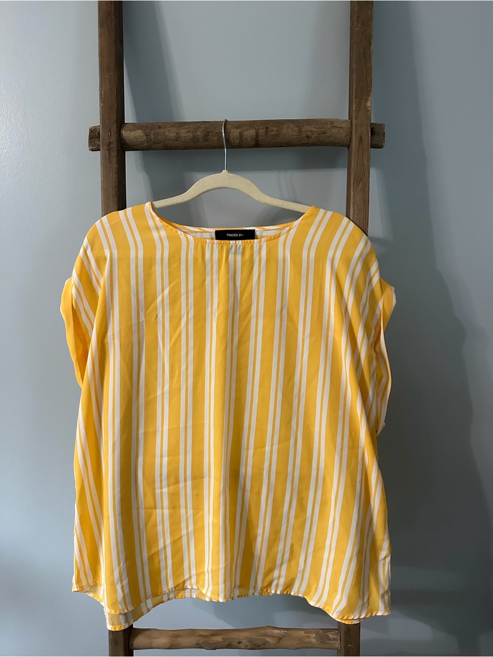Forever 21 Yellow & White Vertical Stripe Cap Sleeve Blouse